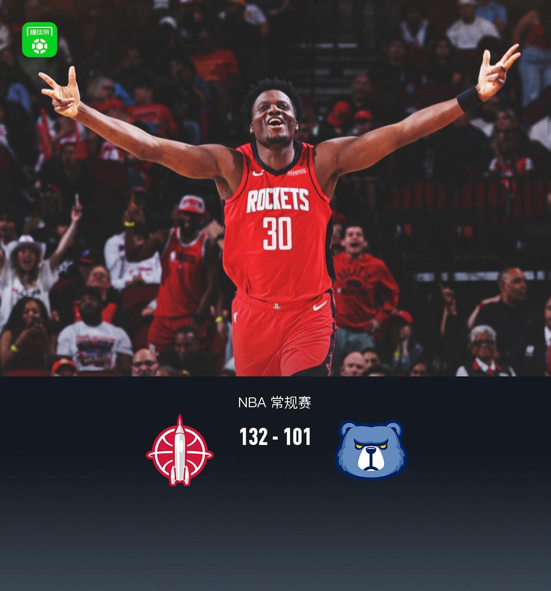 视频直播-火箭132-101送灰熊8连败，伊森20+8，卡佩拉23+13